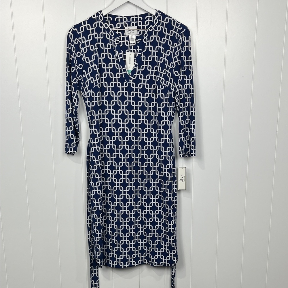 DM Donna Morgan Womens Dress 8 Navy White Jersey Shirt Dress Geo Pattern Belt